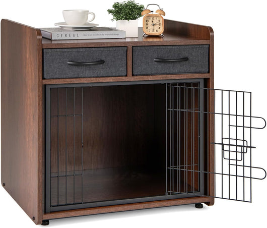 Gabbia per Cani da Interno, Cuccia per Cani con 2 Cassetti in Tessuto e Porta Bloccabile, Cassetta per Cani di Taglia Piccola e Media, 62 x 49,5 x 63 cm, Marrone