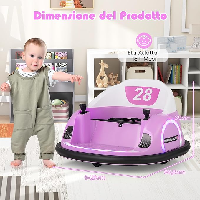 Autoscontro Elettrico per Bambini, Macchina Elettrica per Bambini con Luci LED, Connessione Wireless, Musica Giro a 360°, Macchina Cavalcabile per Bambini 18+ Mesi (Rosa)