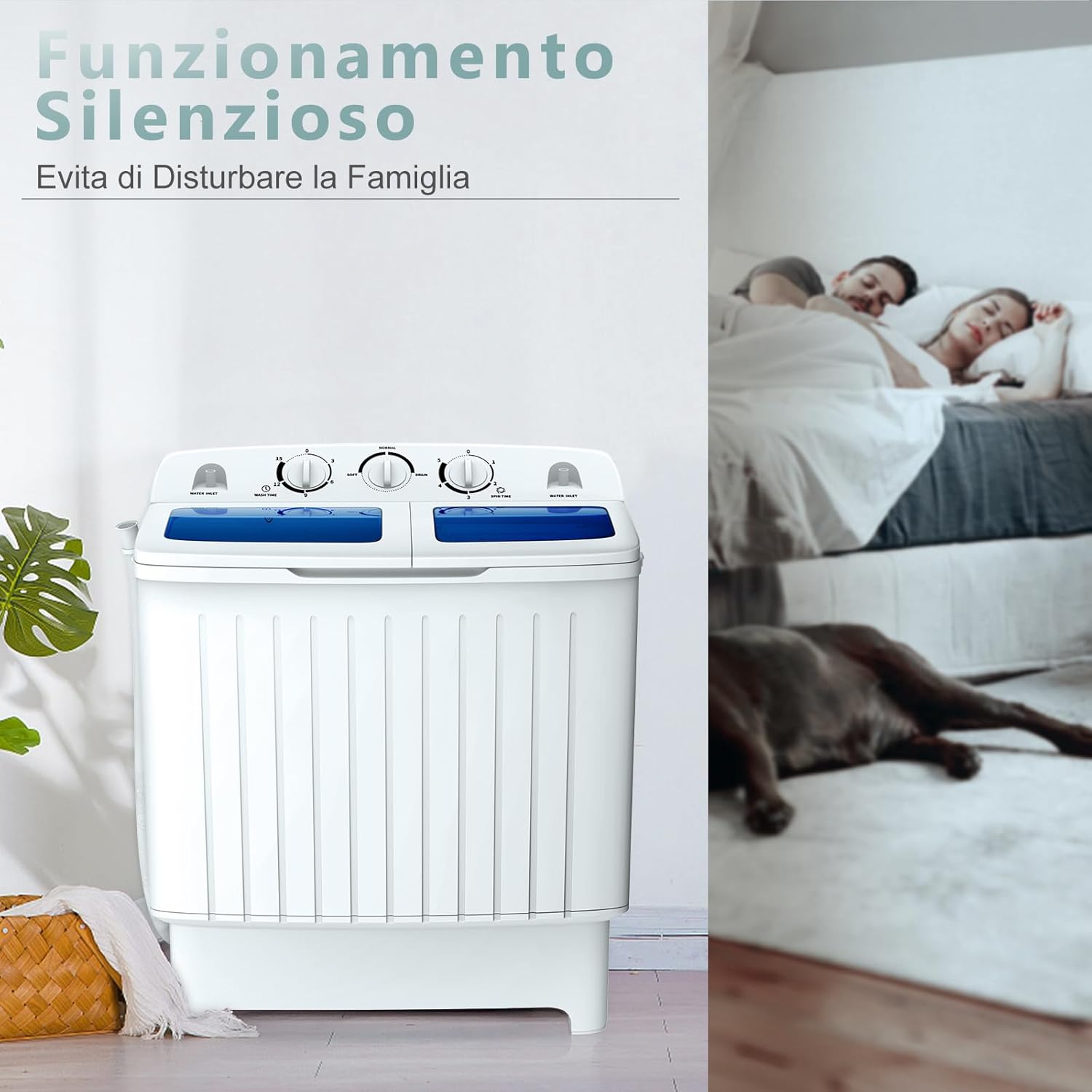 Lavatrice a Doppia Vasca, Lavatrice a Doppio Cestello con Lavaggio (5 kg) e Filatura (3 kg), Lavatrice Compatta Mini per Campeggio, Appartamenti, 64 x 36 x 72 cm, Bianco