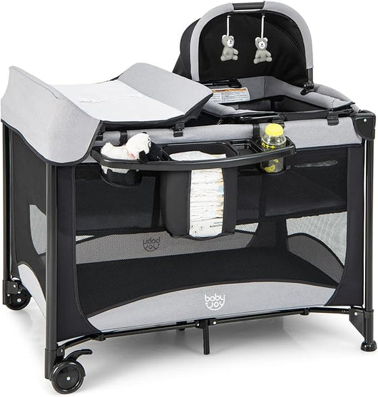 Lettino da Campeggio con Materasso, Lettino Pieghevole per Bambini con Fasciatoio, Culla da Viaggio con Ruote, Giocattolo, Lettino Bambini Staccabile, per Bambini 0-36 Mesi (Nero)