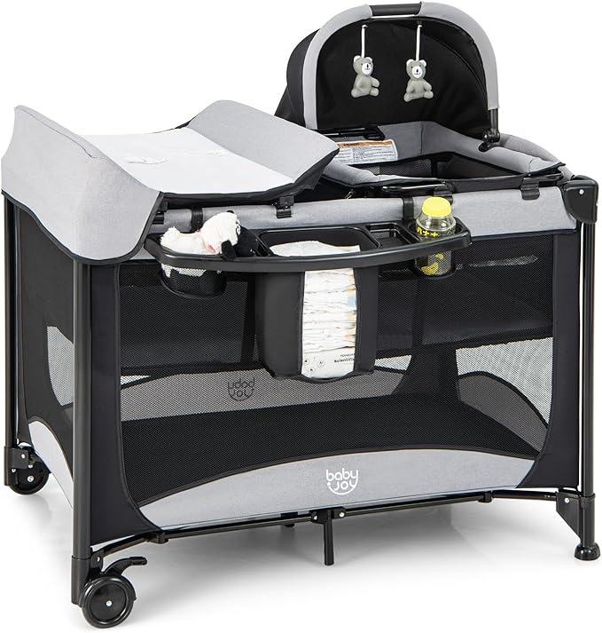 Lettino da Campeggio con Materasso, Lettino Pieghevole per Bambini con Fasciatoio, Culla da Viaggio con Ruote, Giocattolo, Lettino Bambini Staccabile, per Bambini 0-36 Mesi (Nero)