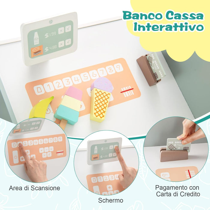 Mercato Giocattolo per Bambini con Cassa, Negozio Giocattolo in Legno con Macchina Caffè e Distributore Automatico, Banco Mercato Giocattolo con Scaffali e 30 Accessori, per Bambini 3+ Anni
