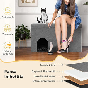 Mobile per Lettiera per Gatti, Panca Portaoggetti con Tappetino Impermeabile e Filtro al Carbone per il Controllo degli Odori e Coperchio Ribaltabile, 90 x 50 x 50 cm(Grigio)