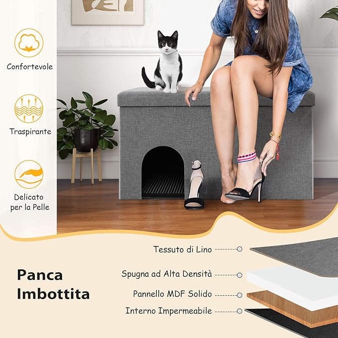 Mobile per Lettiera per Gatti, Panca Portaoggetti con Tappetino Impermeabile e Filtro al Carbone per il Controllo degli Odori e Coperchio Ribaltabile, 90 x 50 x 50 cm(Grigio)