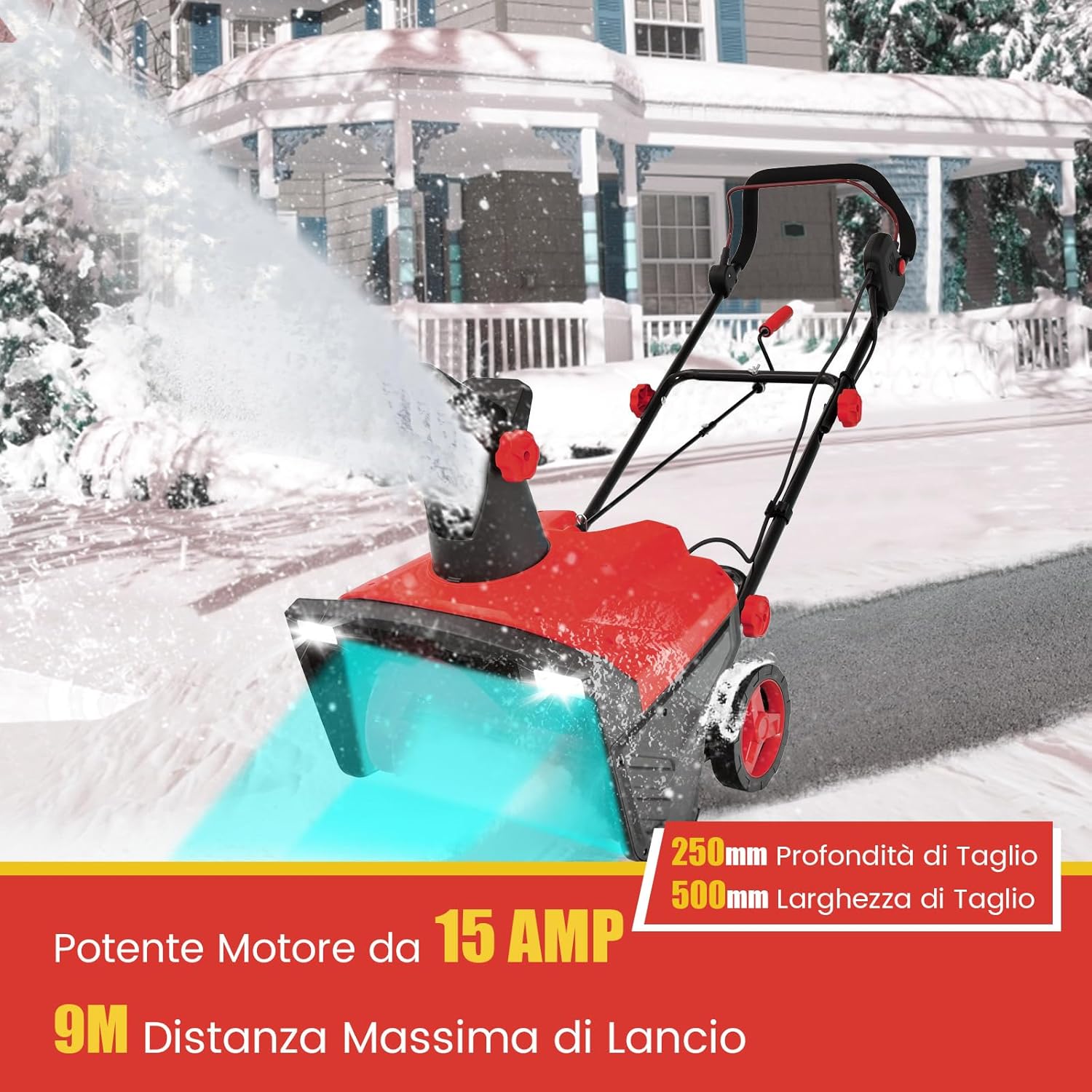 Spazzaneve Elettrico da Terra con Doppie Luci, Fresa da Neve con Scivolo Rotante a 180°, Distanza di Lancio 9 m, Macchina Sgombraneve per Giardino, Blu (Rosso)