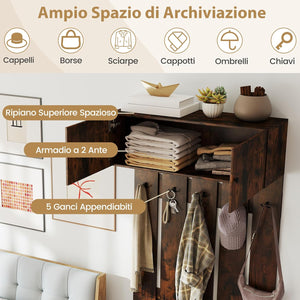 Appendiabiti da Parete per Ingresso, Attaccapanni in Legno con 5 Ganci Doppi e Armadietto a 2 Ante, Mensola Salvaspazio per Camera da Letto, Soggiorno e Cucina, 90 x 33 x 210 cm (Marrone)