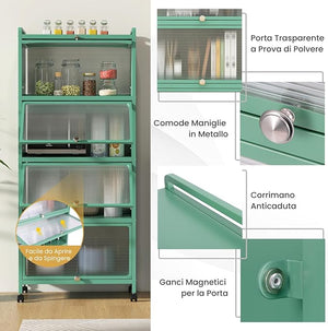 Armadio da Cucina a 5 Piani, Mobile per Microonde con Porte PC a Scomparsa, con 4 Ruote Girevoli, per Sala da Pranzo Soggiorno e Studio, 60x32x154 cm (Verde)