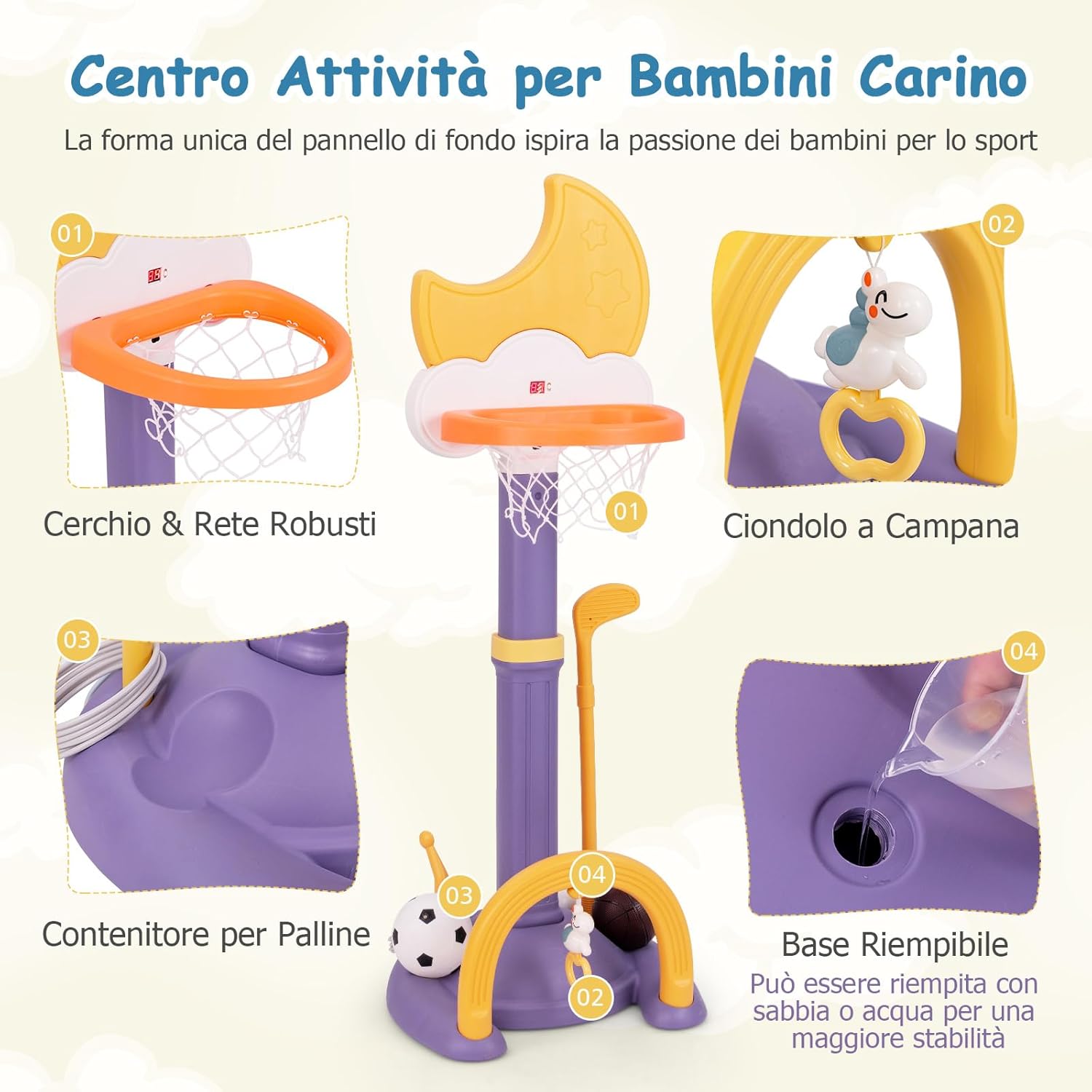 4 in 1 Canestro da Basket per Bambini, Centro di Attività Sportiva Regolabile con Basket Calcio Golf e Gioco del Lancio dell'Anello, per Interno ed Esterno, 3 Anni+ (Giallo)