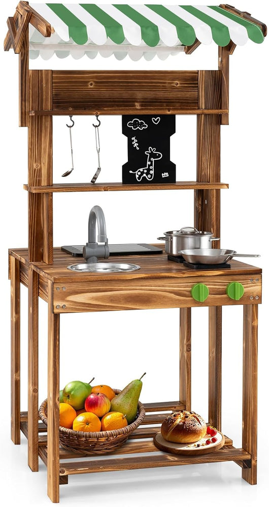 Cucina Giocattolo per Giardino a Doppia Faccia, Cucina per Bambini in Legno di Abete con Tettoia, Lavagna Scorrevole e Griglia Barbecue, Set da Cucina con 5 Accessori, 63 × 56 × 115 cm