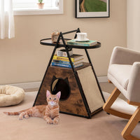 Mobile per Gatti, Tavolino Triangolare 2 in 1 con Condo Nascosto e Tappetini in Sisal, Comodino Moderno per Animali Domestici per Camera da Letto e Soggiorno in Legno e Metallo, 60 x 33 x 76cm