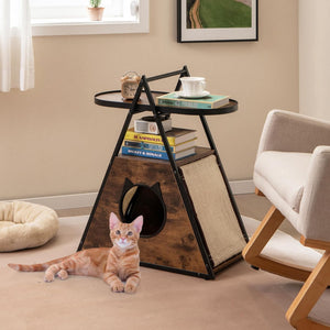 Mobile per Gatti, Tavolino Triangolare 2 in 1 con Condo Nascosto e Tappetini in Sisal, Comodino Moderno per Animali Domestici per Camera da Letto e Soggiorno in Legno e Metallo, 60 x 33 x 76cm