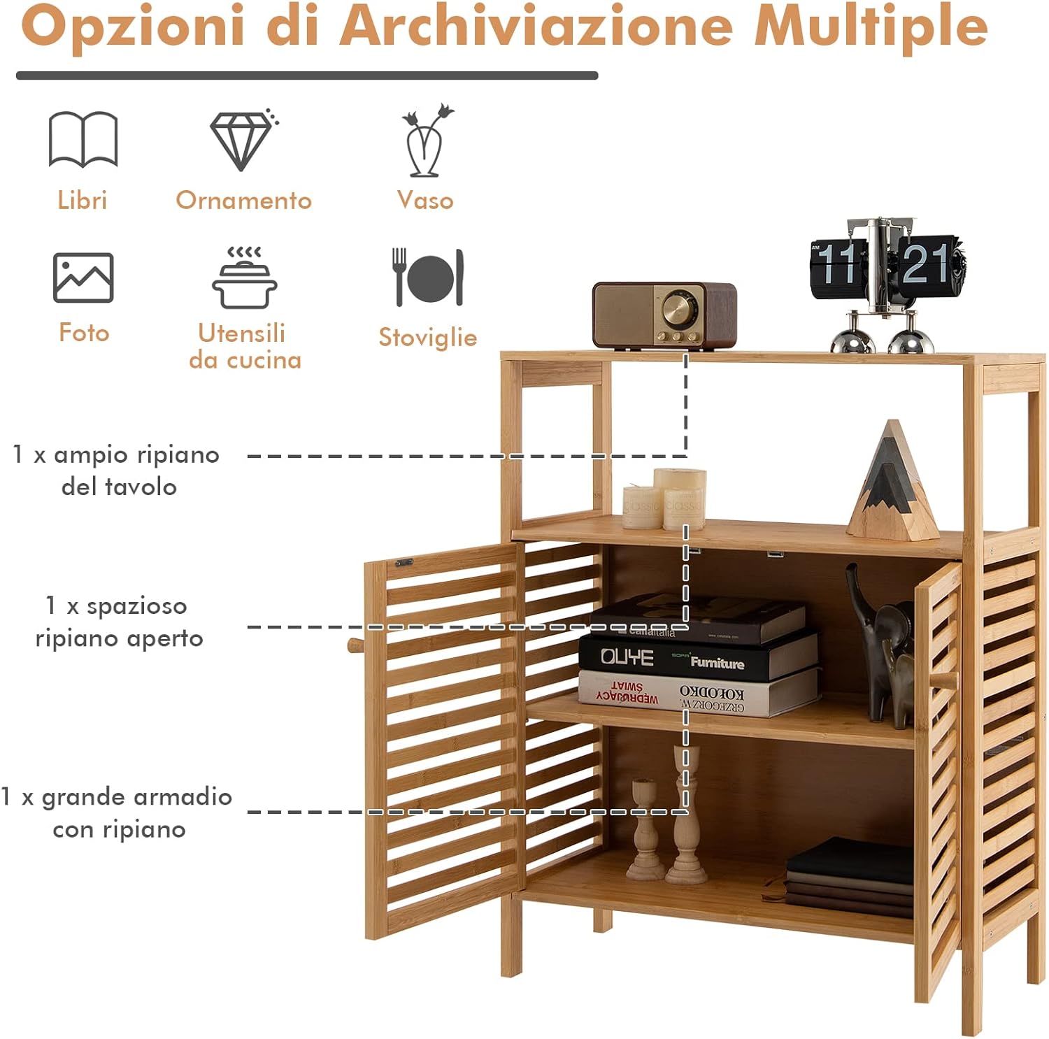 Mobile da Bagno in Bambù, Armadietto da Bagno con Ripiano Aperto e Doppie Porte, Ripiano Rimovibile, per Bagno, Soggiorno, Cucina, Ingresso, 64 x 27,5 x 80 cm