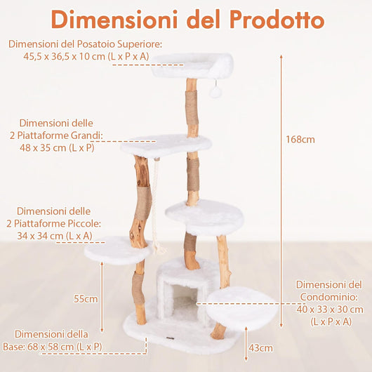 Tiragraffi per Gatti 168cm in Legno Massello, Torre Moderno a 6 Livelli con Trespolo, Pali per Graffiare, Pallina e Morbido Peluche, Mobile per Animali Domestici, Bianco e Naturale