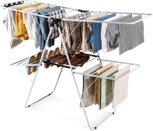 Stendibiancheria a 2 Livelli, Stendino Pieghevole con Braccia Laterali Regolabili in Altezza e Telaio in Acciaio, Stendipanni Salvaspazio per Bucato Scarpe Piumini da Interno Esterno