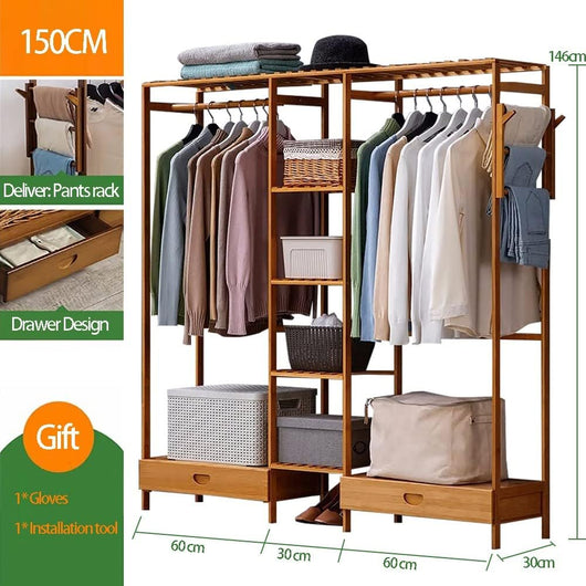 Appendiabiti in bambù, Guardaroba Aperto con Ripiani portaoggetti a 4 Livelli, Appendiabiti Indipendente, Organizer portaoggetti sospeso per Camera da Letto corridoio Soggiorno