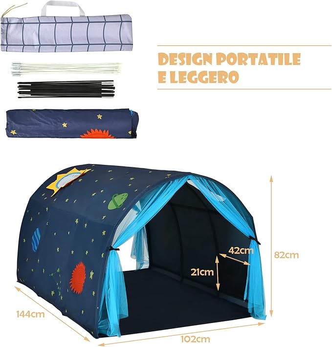 Tenda da Gioco per Bambini, Tenda per Letto con Borsa di Trasporto, Casetta per Bambini Portatile, per Camera da Letto Salone Giochi, 144 x 102 x 82 cm (Blu)