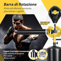 Bersaglio Boxe Multifunzionale da Terra, Sacco da Boxe con Asta Rotante a 360°Autonoma con 2 Palle, Altezza Regolabile e Base Riempibile, per Casa o Palestra