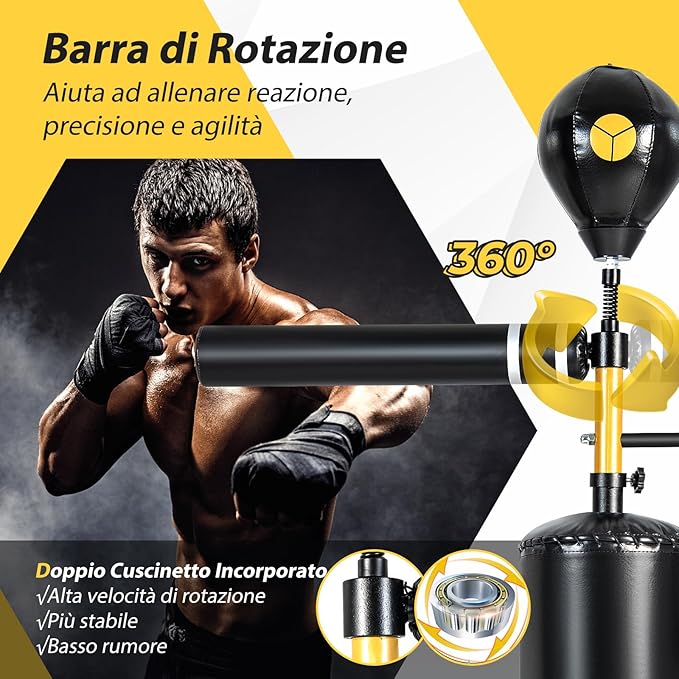 Bersaglio Boxe Multifunzionale da Terra, Sacco da Boxe con Asta Rotante a 360°Autonoma con 2 Palle, Altezza Regolabile e Base Riempibile, per Casa o Palestra