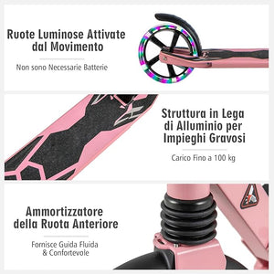 Scooter Monopattino a Spinta per Bambini Pieghevole e Regolabile in Altezza (91-106 cm), con Ruote Luminose e Cavalletto, Carico Massimo 100kg