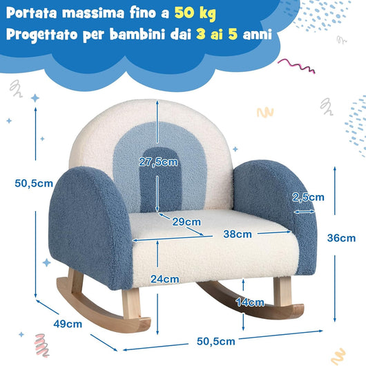 Sedia a Dondolo per Bambini con Gambe in Legno Massello, Poltrona per Bambini di 3-5 Anni, Divanetto Singolo Imbottito per Cameretta, 50,5 x 49 x 50,5 cm, Portata 50 kg (Blu)