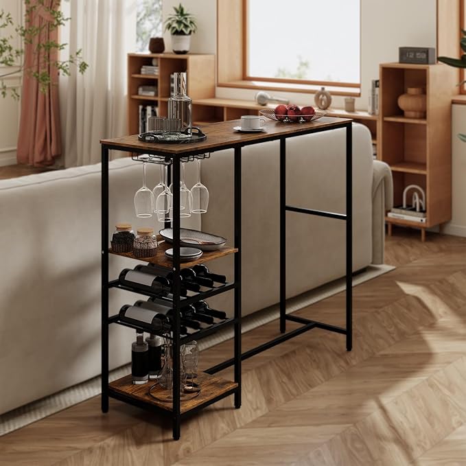 Tavolo da Bar 121 x 41 x 105,5 cm, Angolo Bar per Casa con Scaffali di Stoccaggio, Portabottiglie e Portacalici, Tavolo Alto per Cucina, Soggiorno, Ristorante e Bistrò