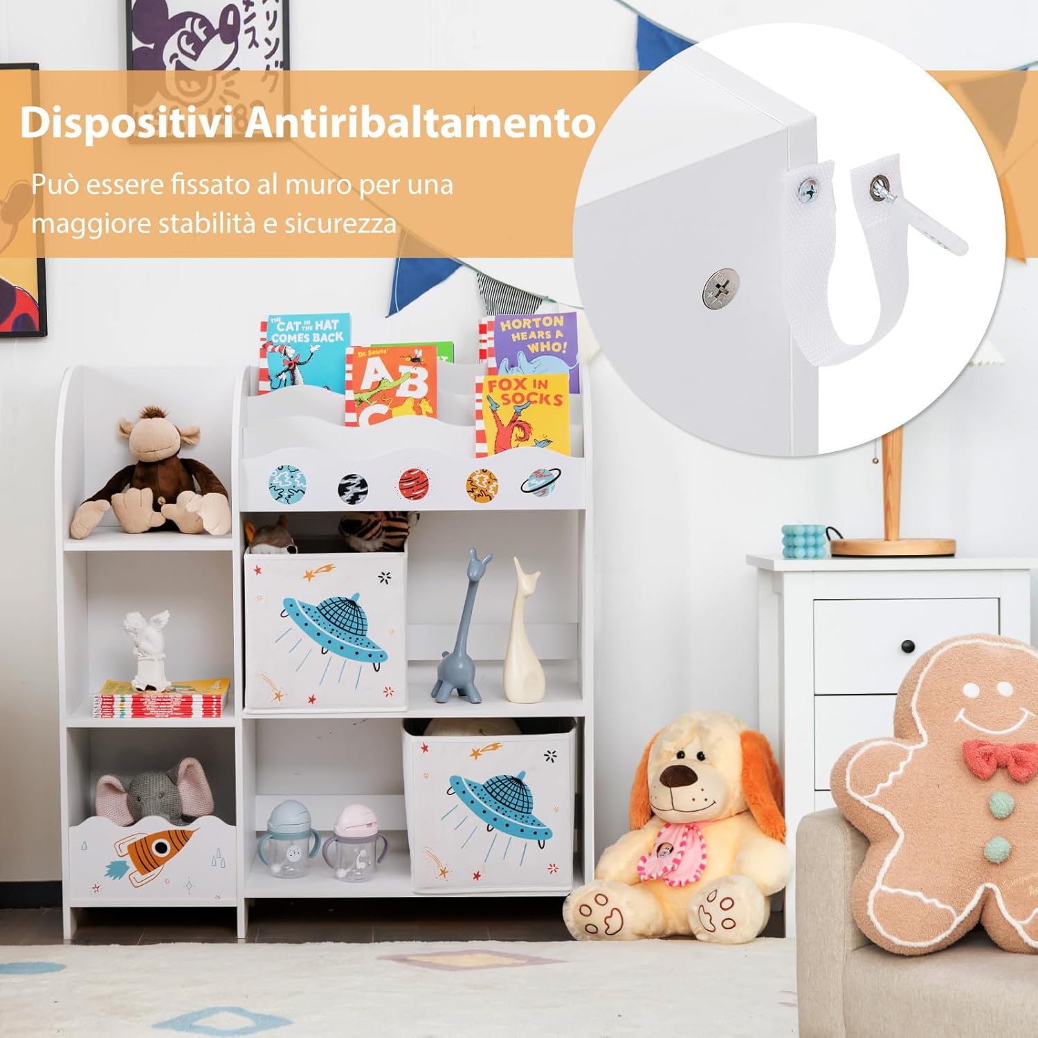 Armadio per Bambini, Scaffale di Legno con 3 Livelli e 5 Scompartimenti, 2 Cassetti in Tessuto e 3 Spazi per Giocattoli e Libri, Scaffale Verticale per Bambini, Bianco (Razzo)