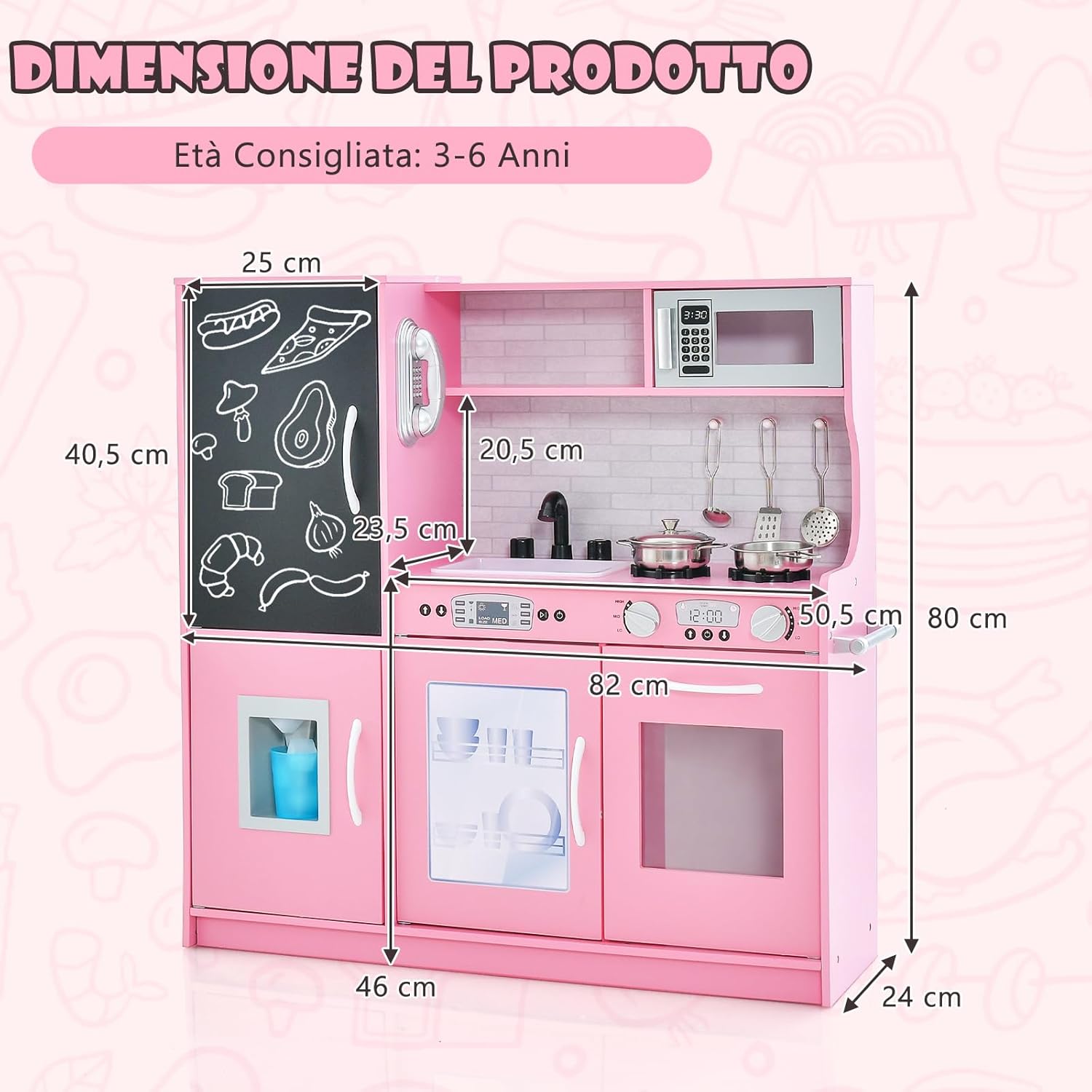 Set da Cucina per Bambini con Lavagna, Telefono, Microonde, Fabbricatore di Ghiaccio, Giocattolo da Cucina in Legno con Accessori e Suoni Simulati per Ragazzi di 3-6 Anni (Rosa)