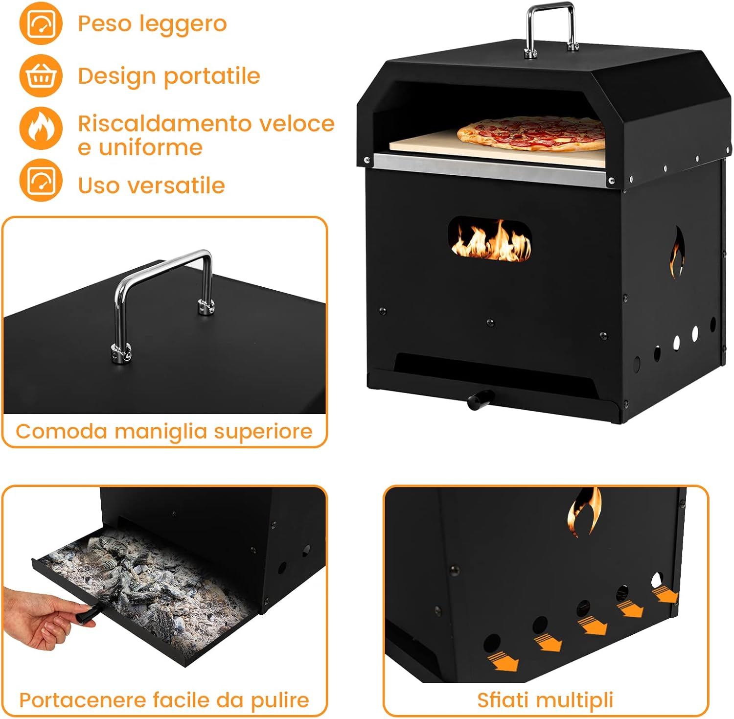 Forno per Pizza Portatile da Esterno - Forno a 2 Strati Staccabile, Pietra per Pizza, Pala per Pizza, Griglia BBQ e Copertura Impermeabile, Forno Riscaldato a Legna, Nero