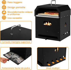 Forno per Pizza Portatile da Esterno - Forno a 2 Strati Staccabile, Pietra per Pizza, Pala per Pizza, Griglia BBQ e Copertura Impermeabile, Forno Riscaldato a Legna, Nero