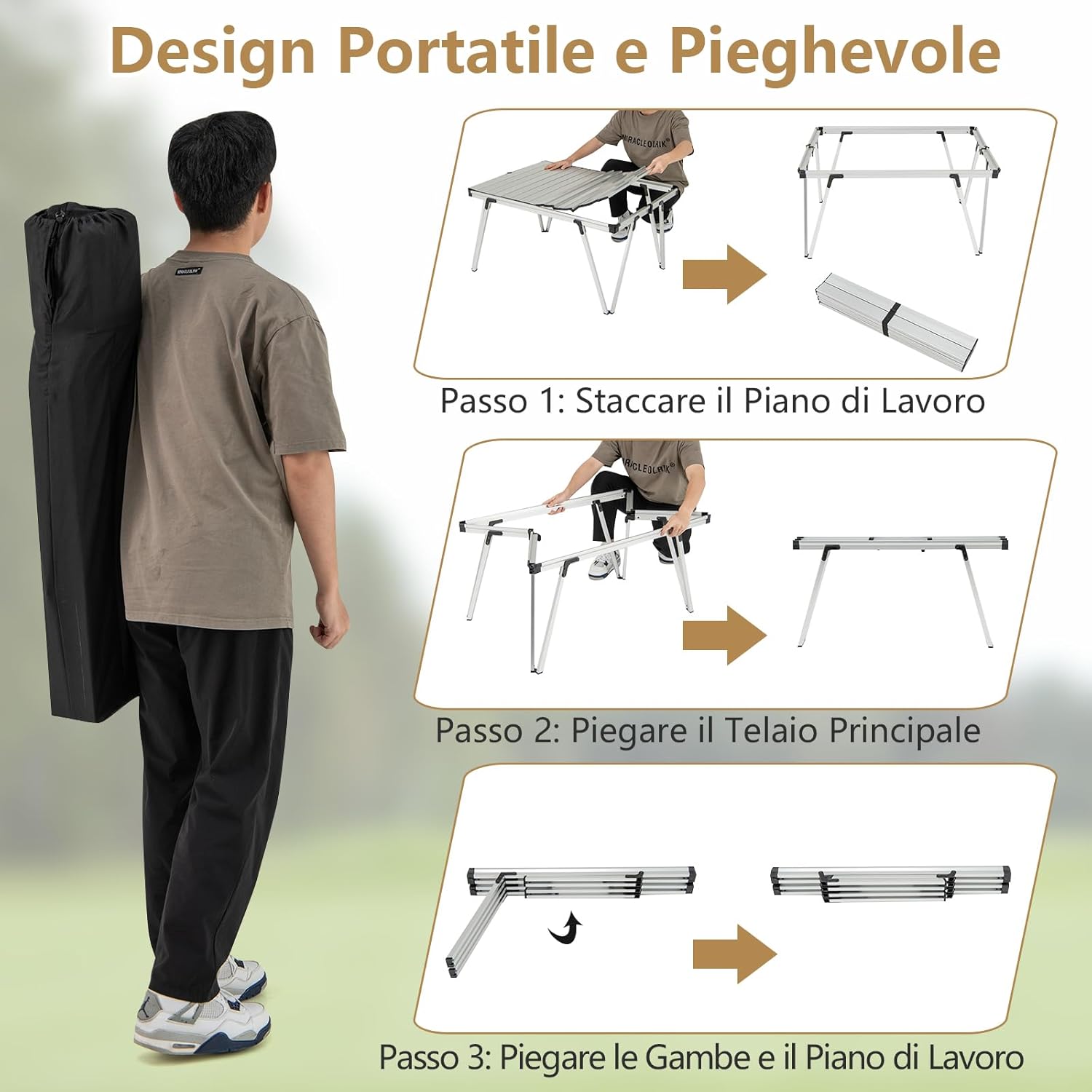 Tavolo da Campeggio Pieghevole, Tavolo da Picnic con Borsa Trasporto e Piano Impermeabile, con Struttura in Alluminio, per Giardino Campeggio, Portata 80 kg (Argenteo)