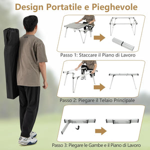 Tavolo da Campeggio Pieghevole, Tavolo da Picnic con Borsa Trasporto e Piano Impermeabile, con Struttura in Alluminio, per Giardino Campeggio, Portata 80 kg (Argenteo)