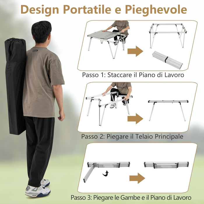 Tavolo da Campeggio Pieghevole, Tavolo da Picnic con Borsa Trasporto e Piano Impermeabile, con Struttura in Alluminio, per Giardino Campeggio, Portata 80 kg (Argenteo)