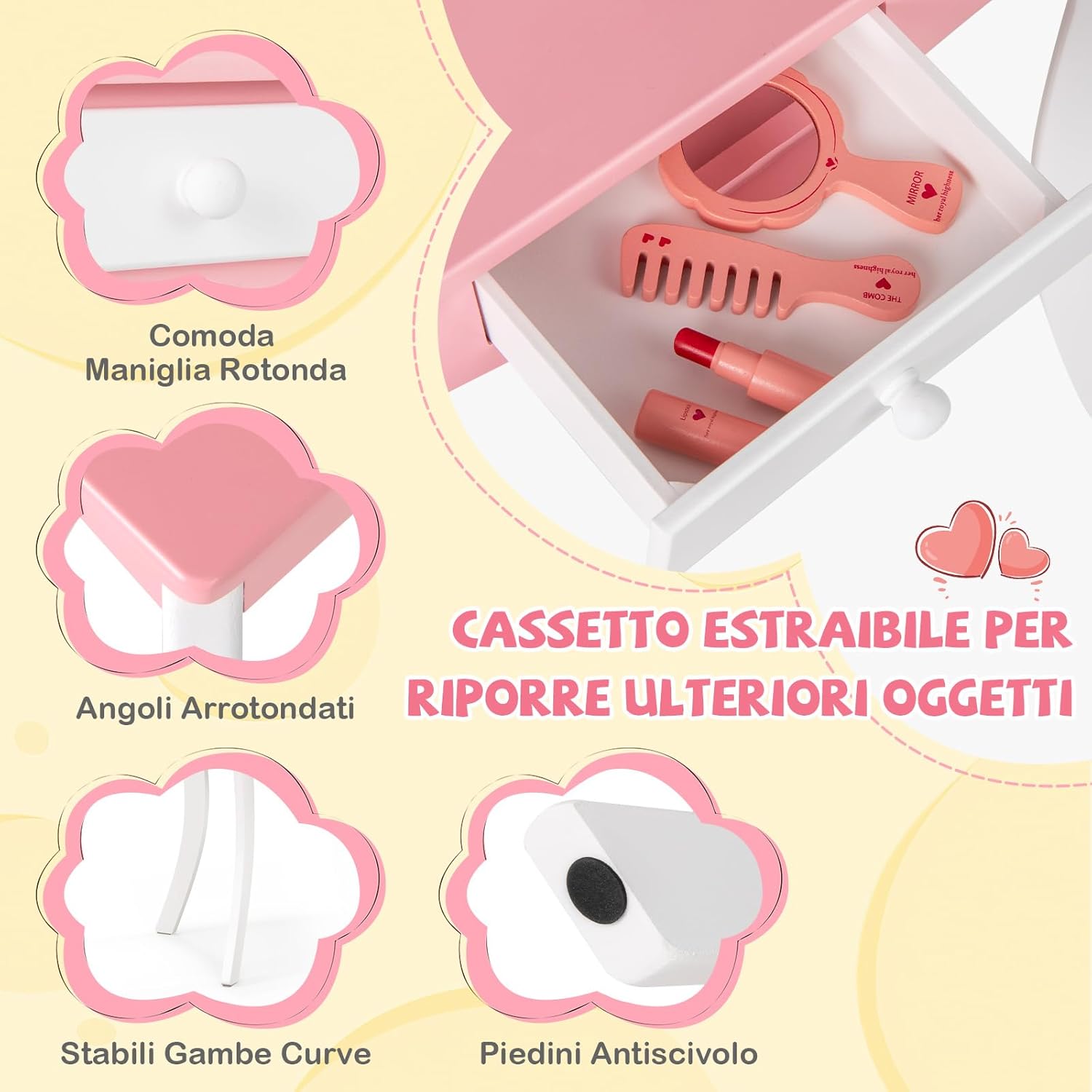 Set Toeletta da Trucco per Bambini, Toeletta Trucco con Specchio Triplo Pieghevole in Acrilico, Sgabello, Cassetto e Accessori, Bianco e Rosa