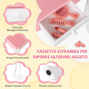 Set Toeletta da Trucco per Bambini, Toeletta Trucco con Specchio Triplo Pieghevole in Acrilico, Sgabello, Cassetto e Accessori, Bianco e Rosa