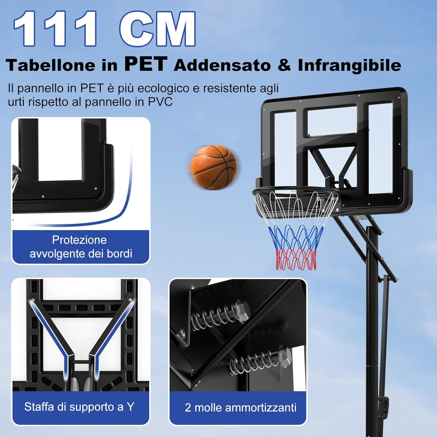 Canestro Basket da Interno ed Esterno per Adulti, Canestro da Basket Professionale e Regolabile in Altezza da 245 a 305 cm con Tabellone da 111cm, Base Riempibile e 2 Ruote