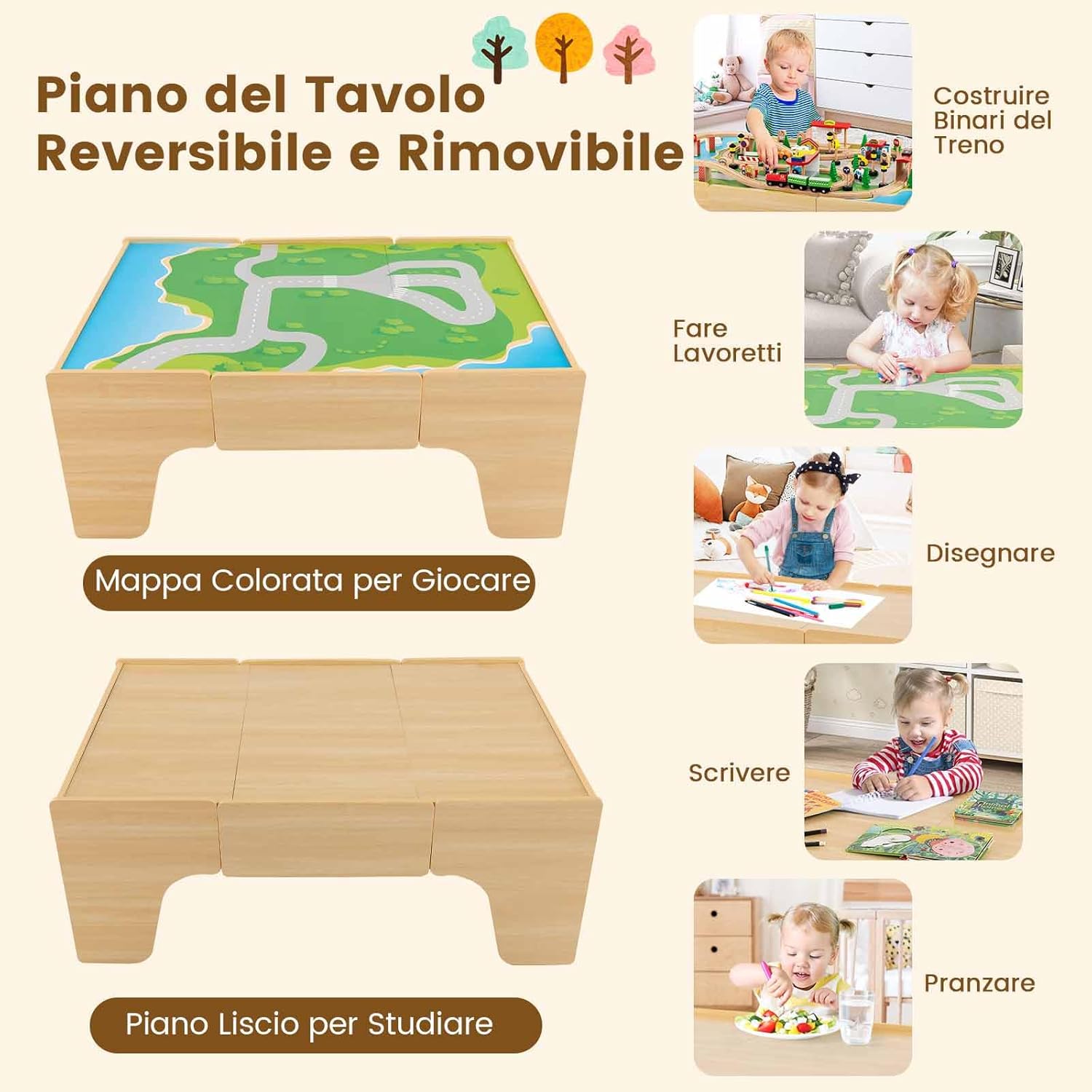 Tavolo e Set di Trenini in Legno, Tavolo Reversibile e Staccabile e Binari in Legno Massiccio, Set da Gioco Creativo 84/80 Pezzi, per Bambini 3 Anni+ (Stile 1)
