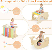 7 in 1 Set di Arrampicate per Bambini, Arrampicatore Pieghevole in Legno con Scivolo Reversibile, Dondolo e Arrampicata, Tavolo e Tunnel, per Bambini 3-14 Anni (Colorato)