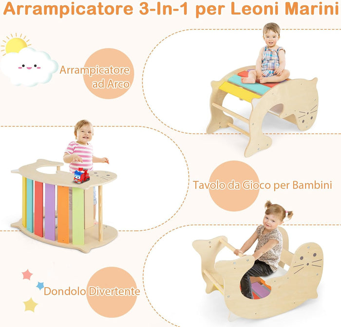 7 in 1 Set di Arrampicate per Bambini, Arrampicatore Pieghevole in Legno con Scivolo Reversibile, Dondolo e Arrampicata, Tavolo e Tunnel, per Bambini 3-14 Anni (Colorato)