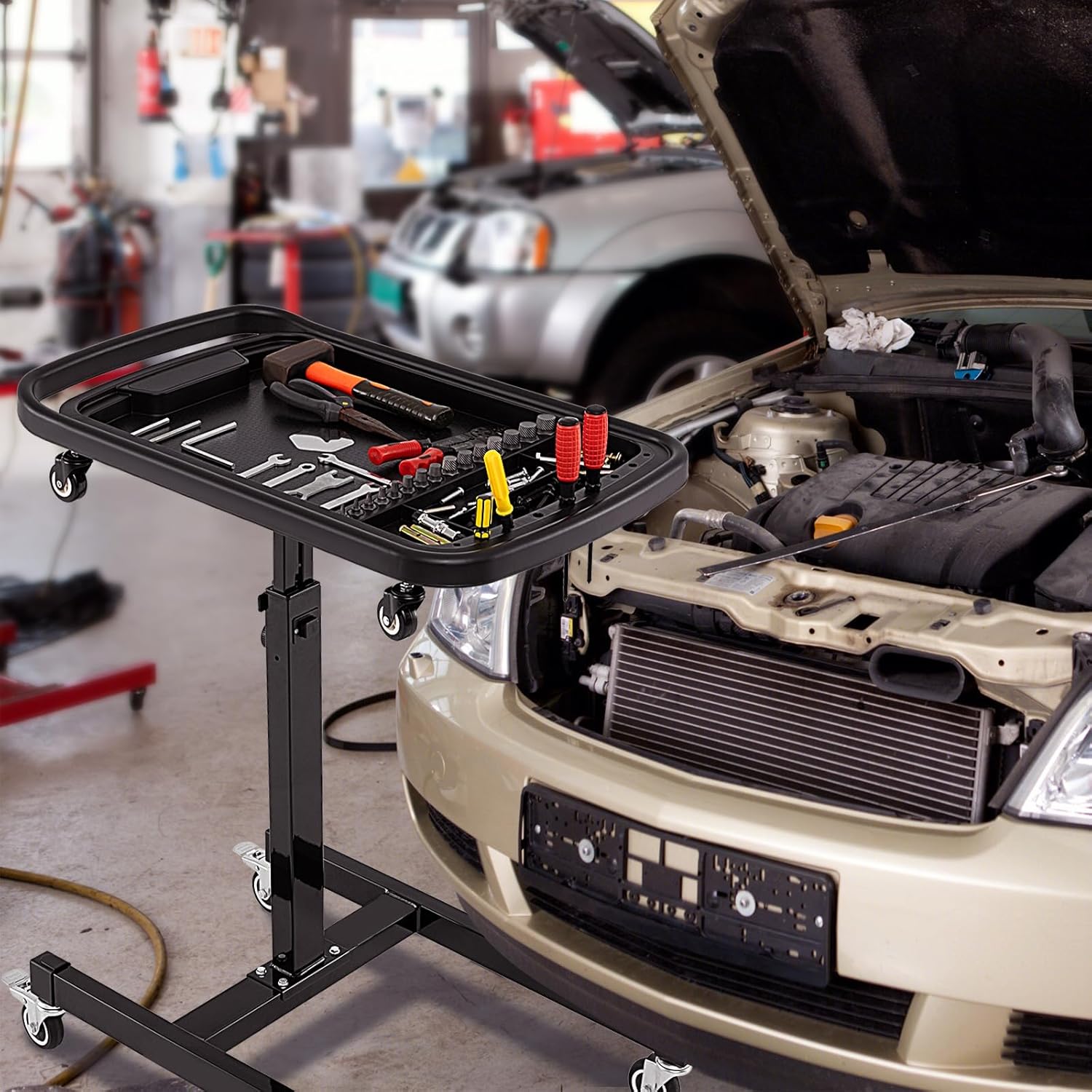 Vassoio Organizer per Attrezzi 2-in-1 con 4 Ruote, Carrello Porta Attrezzi Regolabile in Altezza con Vassoio, Carrello per Attrezzi da Meccanico Portatile per Garage e Officina, Nero