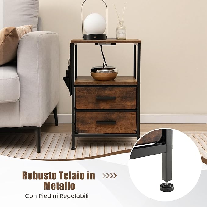 Tavolino con 2 Cassetti e 6 Tasche Laterali, Tavolino Versatile con Porte USB e Prese AC, Tavolino da Salotto e Camera da Letto, Marrone (38 x 30 x 60 cm, 1)