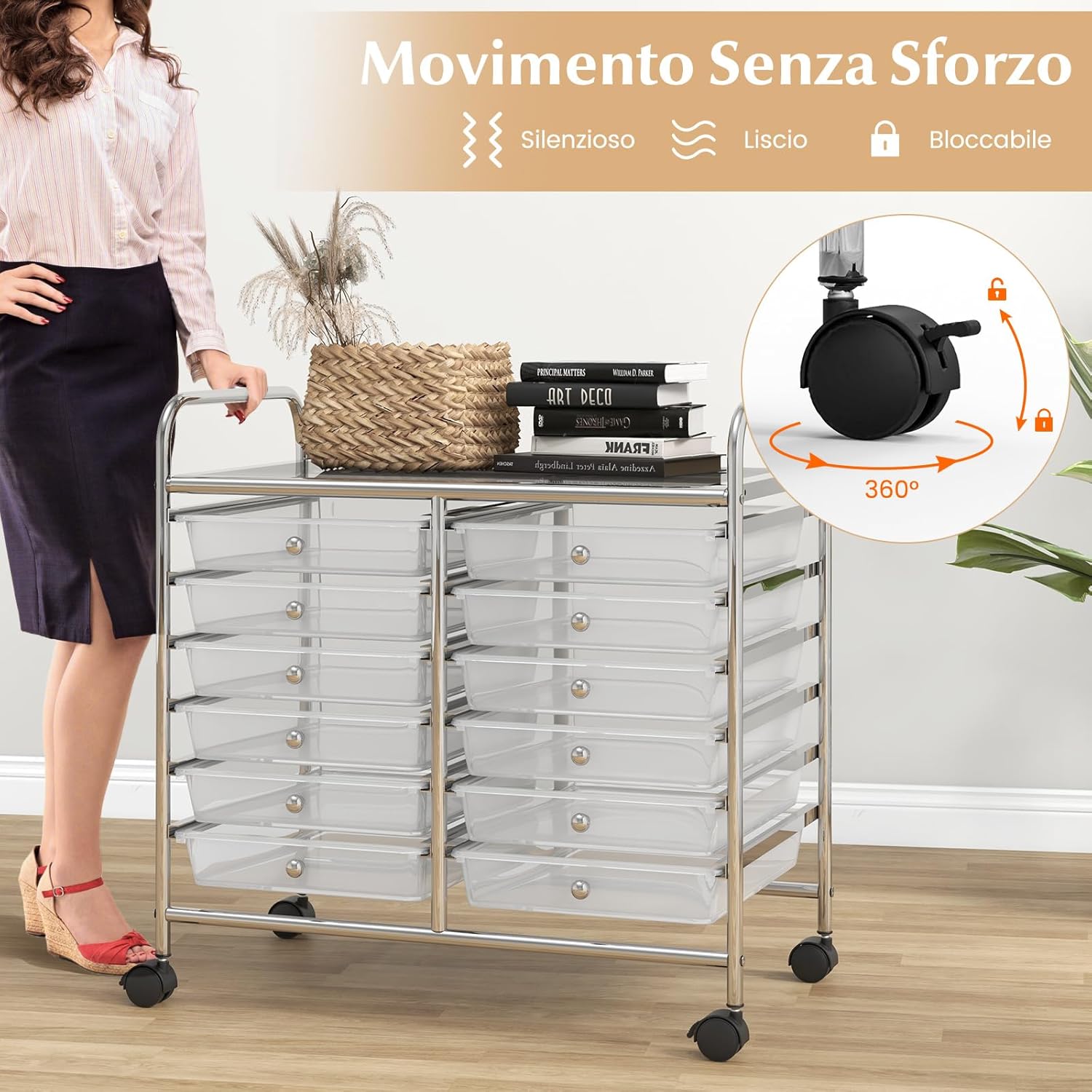 Carrello di Stoccaggio con 20 Cassetti, Carrello portaoggetti con 4 Ruote, Carrello Multiuso per Scuola Ufficio Cucina, 64 x 39 x 88 cm (12 cassetti Trasparente)