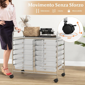 Carrello di Stoccaggio con 20 Cassetti, Carrello portaoggetti con 4 Ruote, Carrello Multiuso per Scuola Ufficio Cucina, 64 x 39 x 88 cm (12 cassetti Trasparente)
