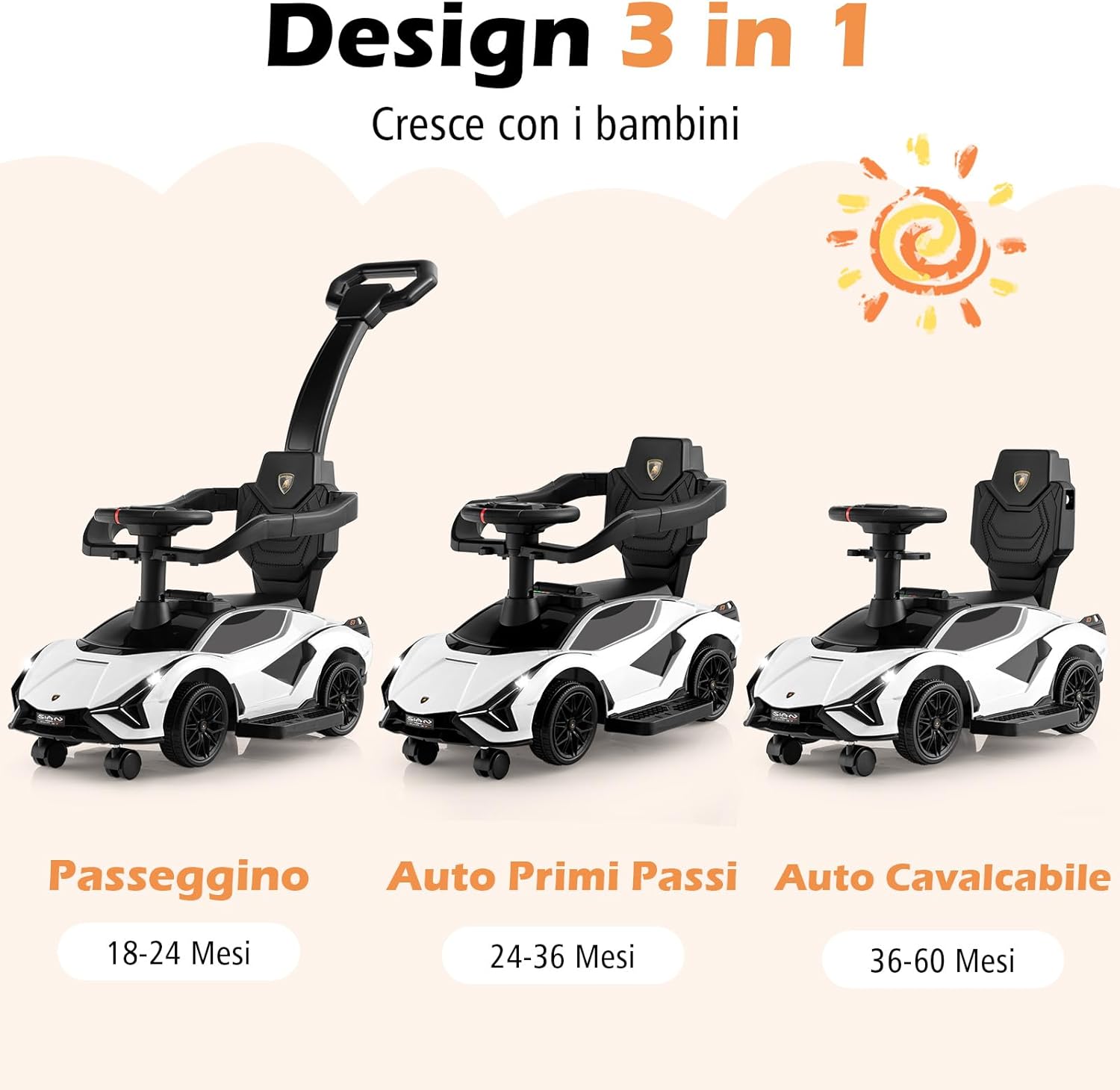 3 in 1 Auto da Spinta, Auto Scorrevole con Paracolpi e Manubrio Rimovibili Musica e Fari, Spazio di Stoccaggio Nascosto e Ruote Universali Staccabili, Bambini 18-24 Mesi (Bianco)