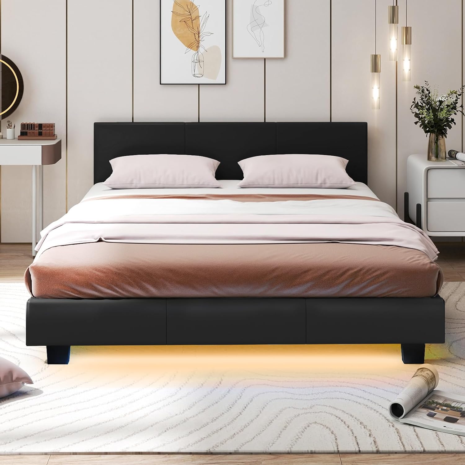 Letto Matrimoniale in Legno, Struttura per Letto Con Testiera Imbottita Luce LED Multicolore e Telecomando, Carico 200 kg, Silenzioso (Nero)