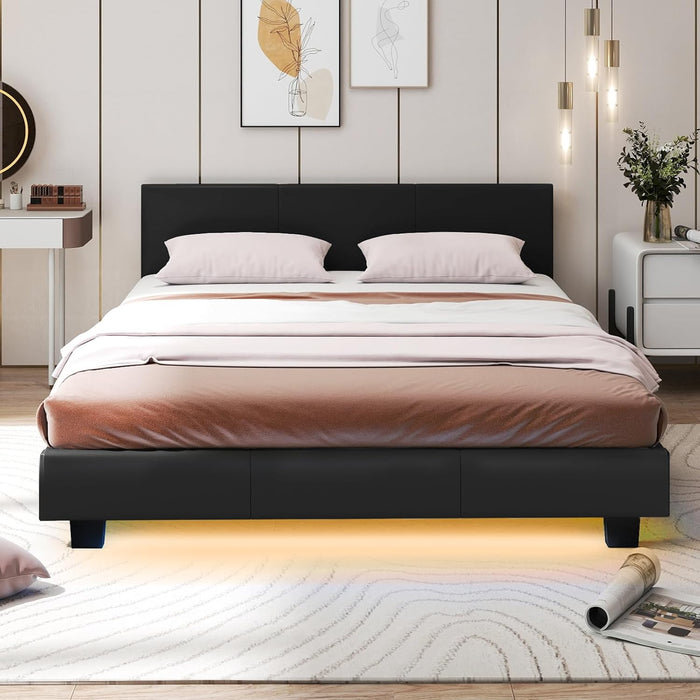 Letto Matrimoniale in Legno, Struttura per Letto Con Testiera Imbottita Luce LED Multicolore e Telecomando, Carico 200 kg, Silenzioso (Nero)