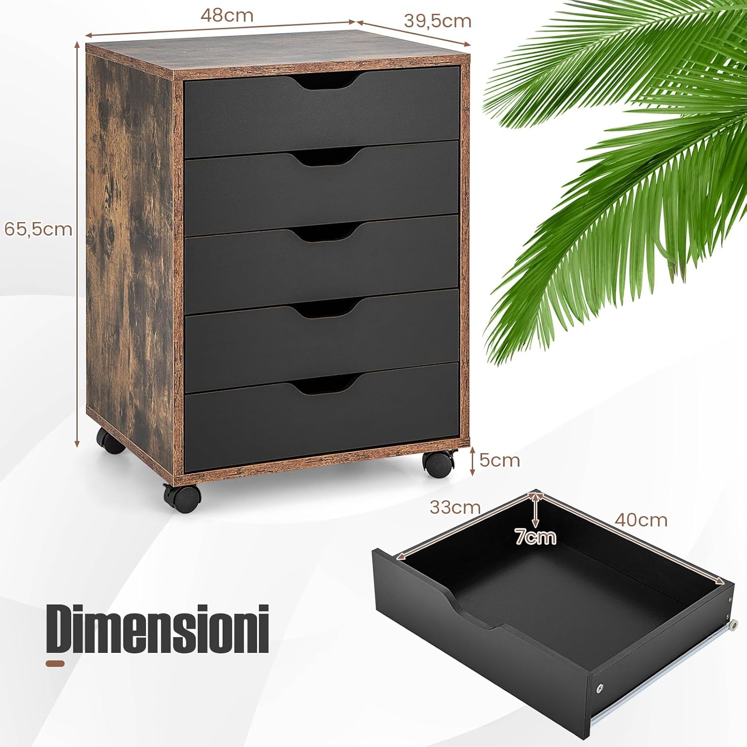 Cassettiera da Ufficio con 5 Cassetti e Ruote, Mobiletto Multiuso per Documenti e Cosmetici, Comodino con Ruote per Camera da letto Studio Ufficio e Soggiorno (Marrone)
