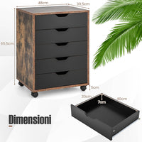 Cassettiera da Ufficio con 5 Cassetti e Ruote, Mobiletto Multiuso per Documenti e Cosmetici, Comodino con Ruote per Camera da letto Studio Ufficio e Soggiorno (Marrone)