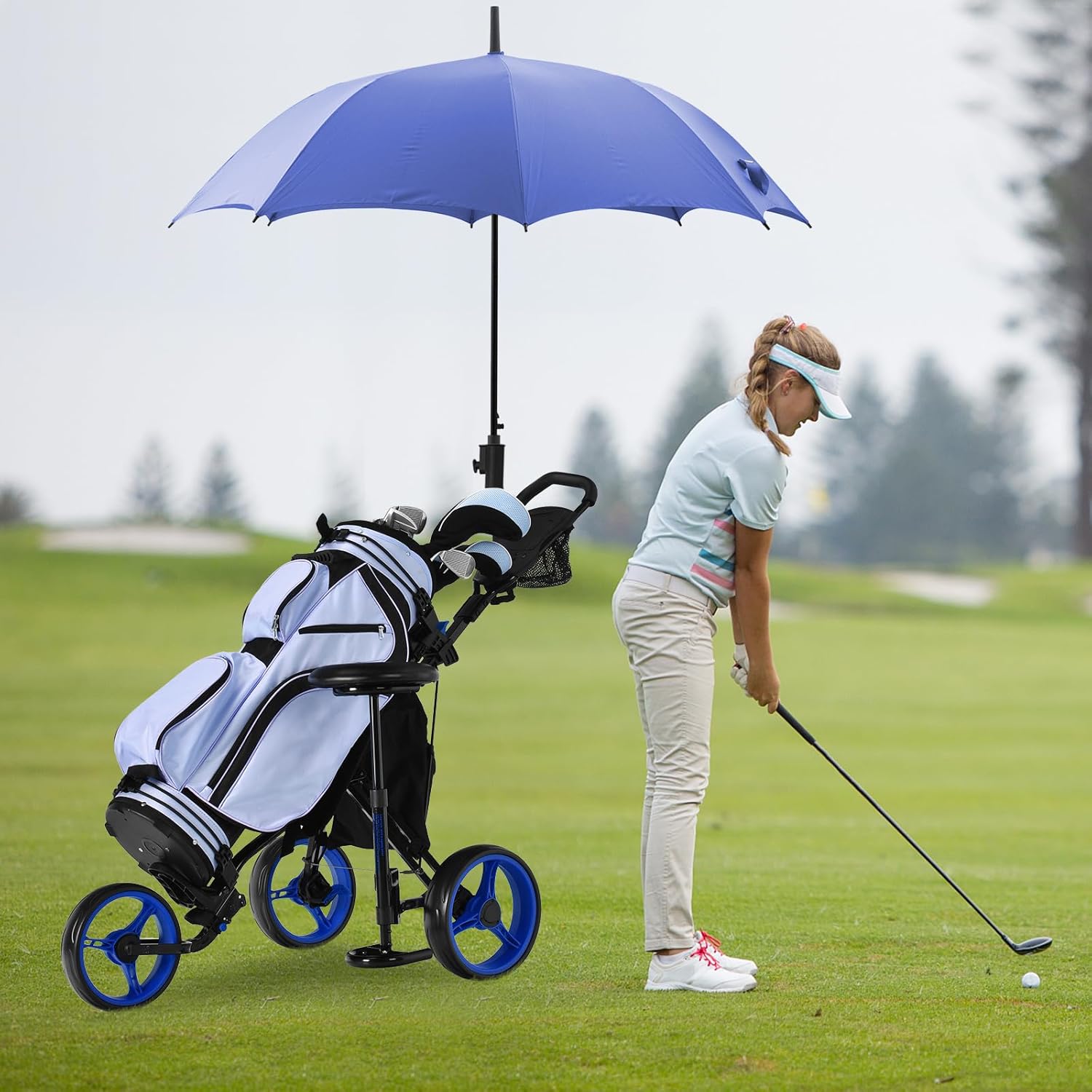 Carrello da Golf Pieghevole con 3 Ruote, Trolley da Golf Altezza Regolabile di Alluminio con Sedile, Porta Ombrello e Porta Bevande