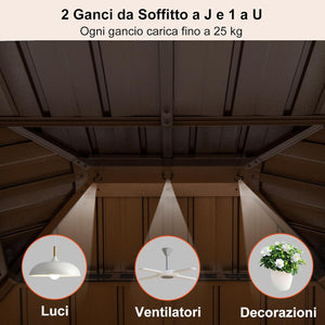 Gazebo da Giardino 3,5 x 3 m Hardtop Doppio Tetto, Gazebo in Metallo Zincato e Alluminio Effetto Legno con Zanzariera e 4 Teli Laterali, Gazebo Hardtop per Terrazza e Giardino, Marrone