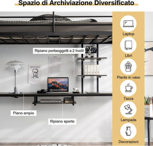 Letto a Soppalco in Metallo, Struttura del Letto Salvaspazio con 2 Scale e Scrivania, Letto a Doghe Ideale per Adolescenti e Adulti, 200x95x180,5 cm (Nero)